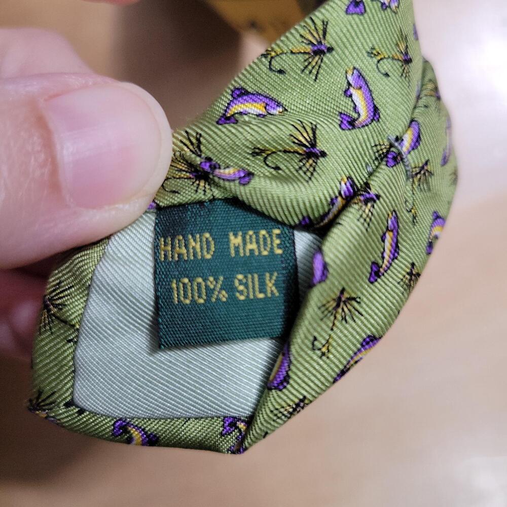 Bird Dog Bay Silk Neck Tie 60" Green Fish Lure Print Hand Made Novelty - Picture 7 of 7